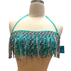NWT- SINCE- Blue and Black Fringe Bikini Top with Halter Straps